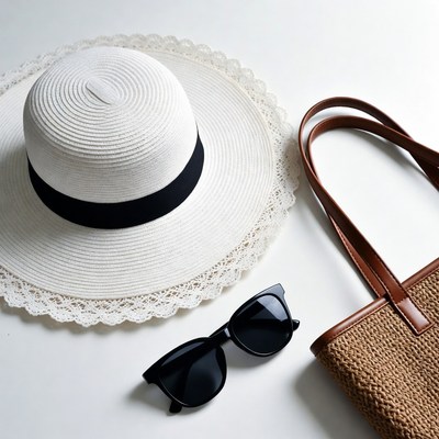 White straw hat sunglasses leather bag
