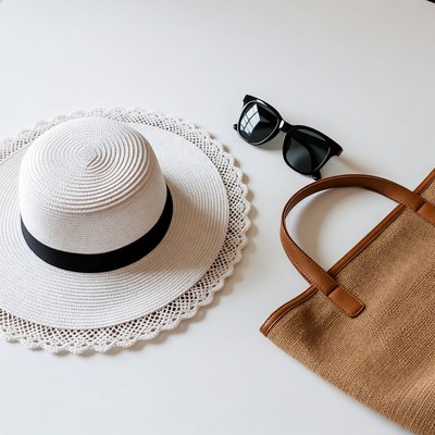 White straw hat sunglasses tote bag