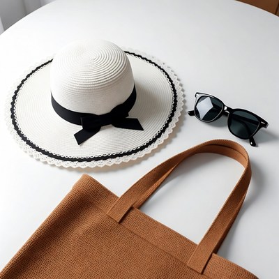 White Straw Hat with Sunglasses and Tote