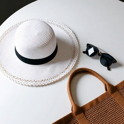 White Straw Hat with Sunglasses and Bag