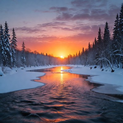 Winter River Sunset with Snowy Trees