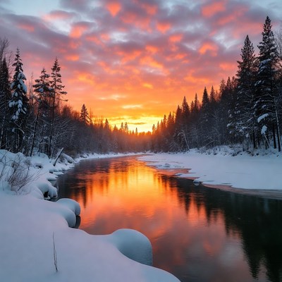 Snowy River Sunset with Pine Trees