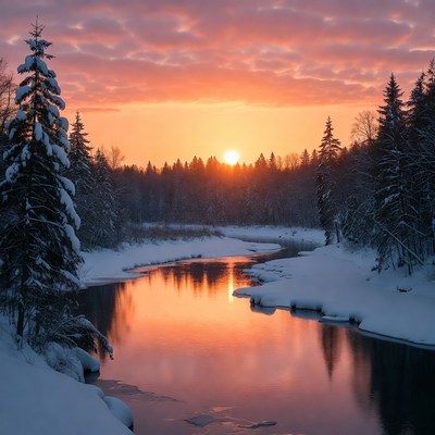Winter River Sunset with Snowy Trees