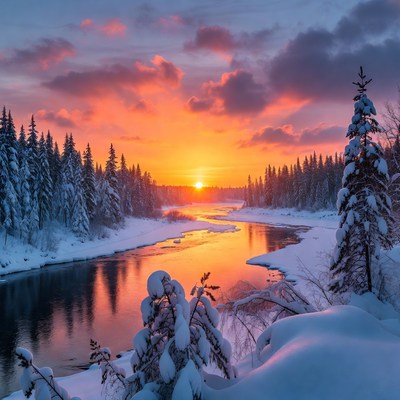 Sunset over snowy river and forest