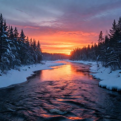 Snowy River at Sunset with Pine Trees