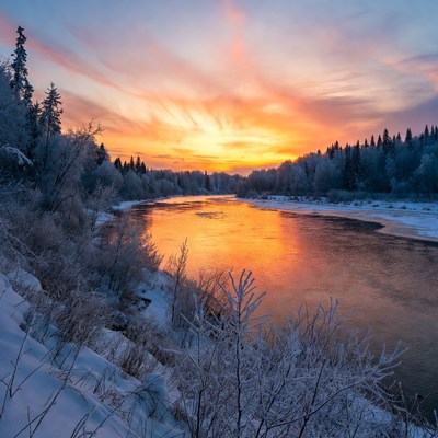 Winter River Sunset with Snowy Trees