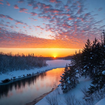 Winter River Sunset with Snowy Trees