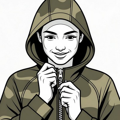 Asian woman zipping camouflage hoodie
