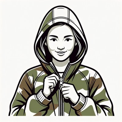 Asian woman in camouflage hoodie