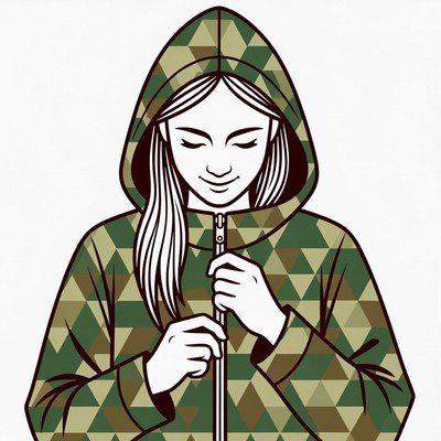 Woman zipping camouflage hoodie