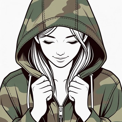 Girl in Camouflage Hoodie Illustration