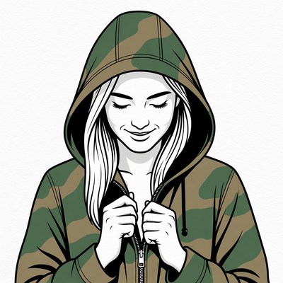 Blonde woman in camouflage hoodie