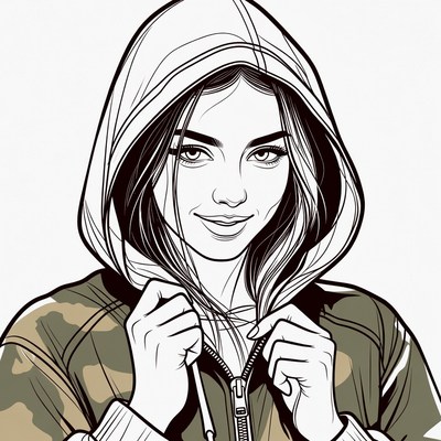 Woman in Camouflage Hoodie Illustration