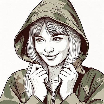 Asian woman in camouflage hoodie