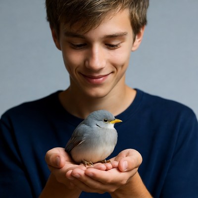 Teen boy holding small gray bird