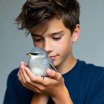 Boy holding small gray bird