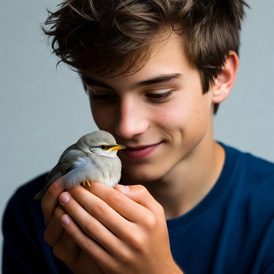 Boy holding small bird