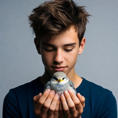 Teen boy holding small bird
