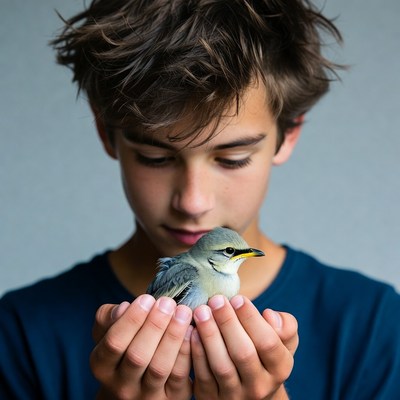 Boy holding small bird