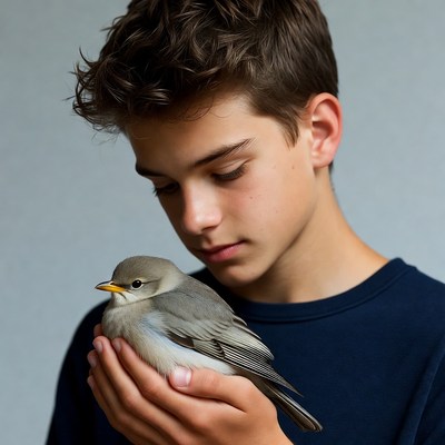 Boy holding small gray bird
