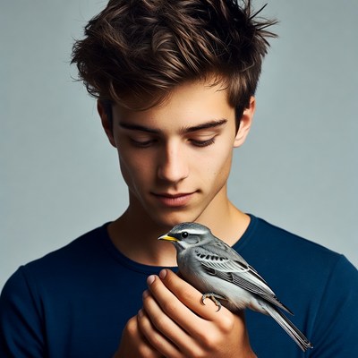 Young man holding small gray bird