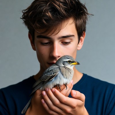 Young man holding small bird