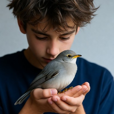 Boy holding small gray bird