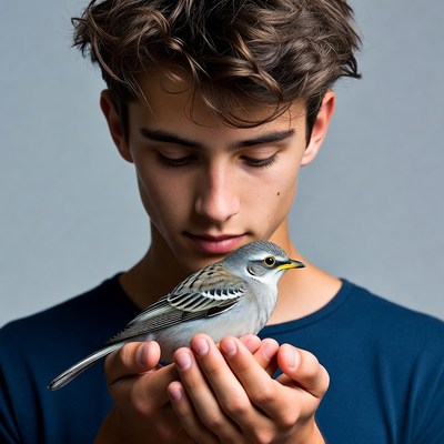 Young man holding small bird