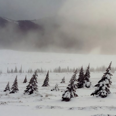Snowy Pine Trees in Foggy Mountains