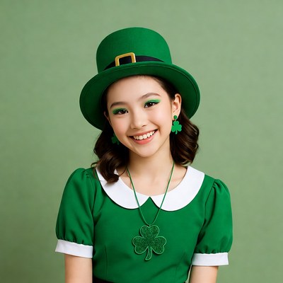 Asian girl in green St. Patrick's hat