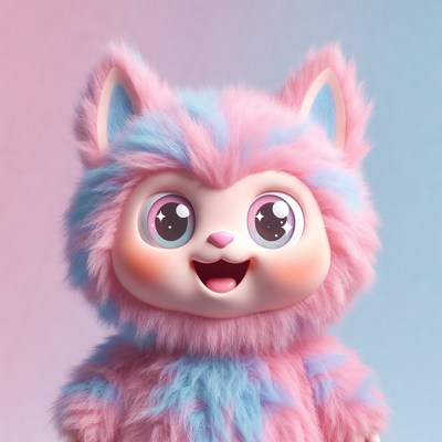 Fluffy Pink Blue Cat Illustration