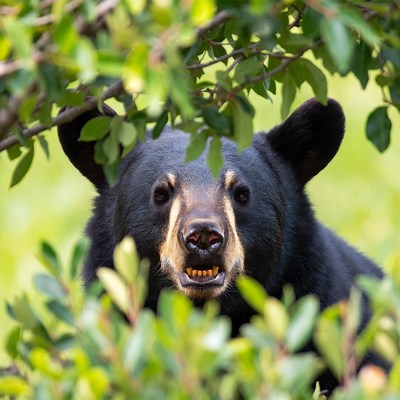 Black bear peeking through green leaves