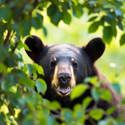 Black Bear Peeking Through Green Leaves