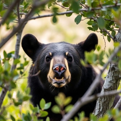 Black Bear Peeking Through Bushes