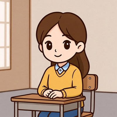 Anime girl sitting at school desk