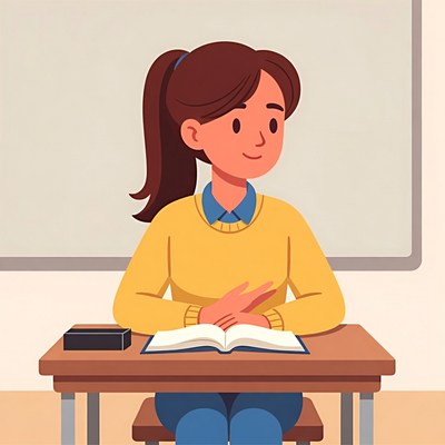 Girl reading book at school desk