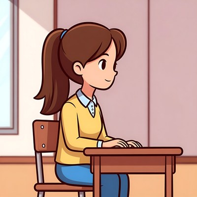 Anime girl sitting at school desk