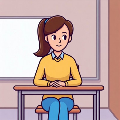 Cartoon woman at school desk
