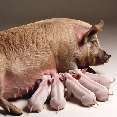Mother Pig Nursing Piglets