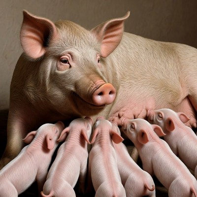 Mother Pig Nursing Piglets