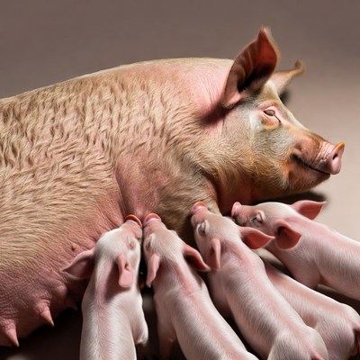 Mother Pig Nursing Piglets