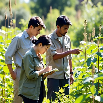 Asian scientists examining plants in field