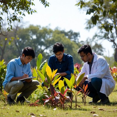 Asian men examining plants outdoors
