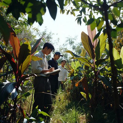 Asian men studying plants in jungle