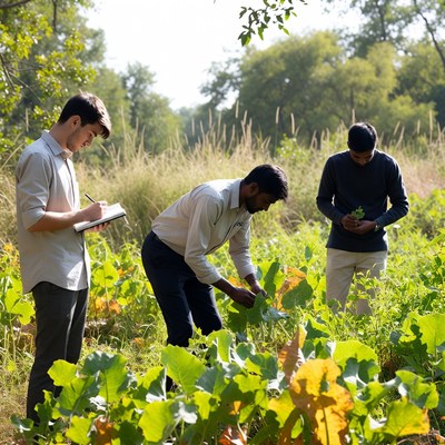 Three men inspecting plants in field