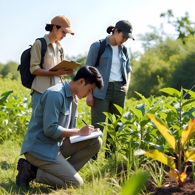 Asian students examining plants in field