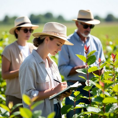 Farmers inspecting plants in field