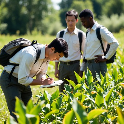 Asian men examining plants in field