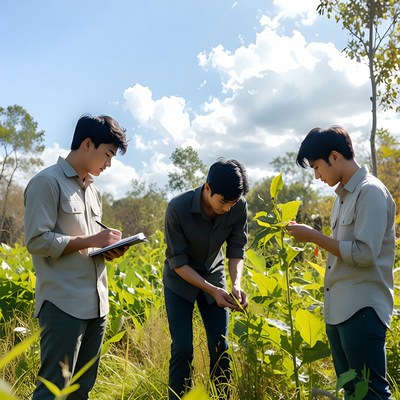 Asian men examining plants outdoors