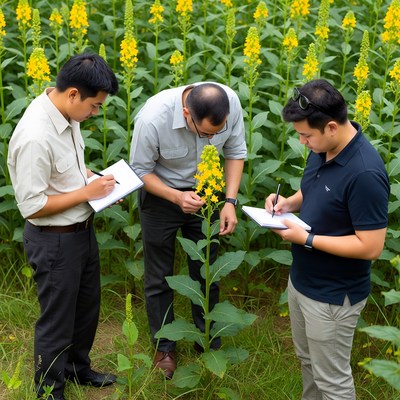 Asian men examining goldenrod plants
